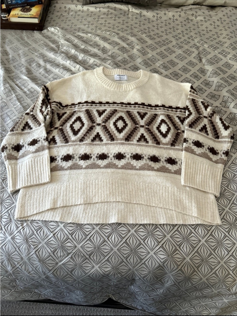 Old Navy Cream and Brown Fair Isle Crewneck Sweater